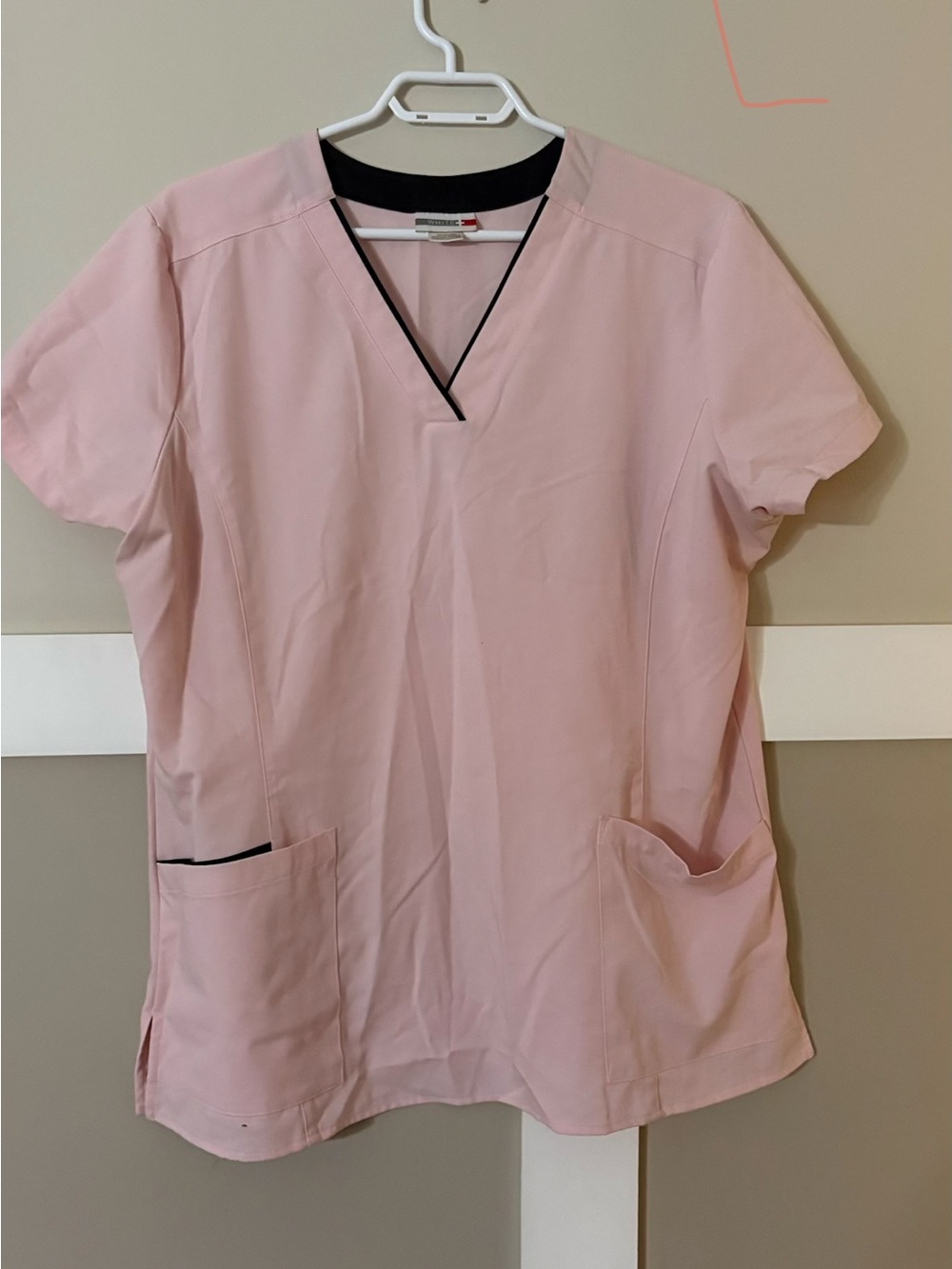 Women’s Pink V-Neck Scrub Top with Contrast Trim